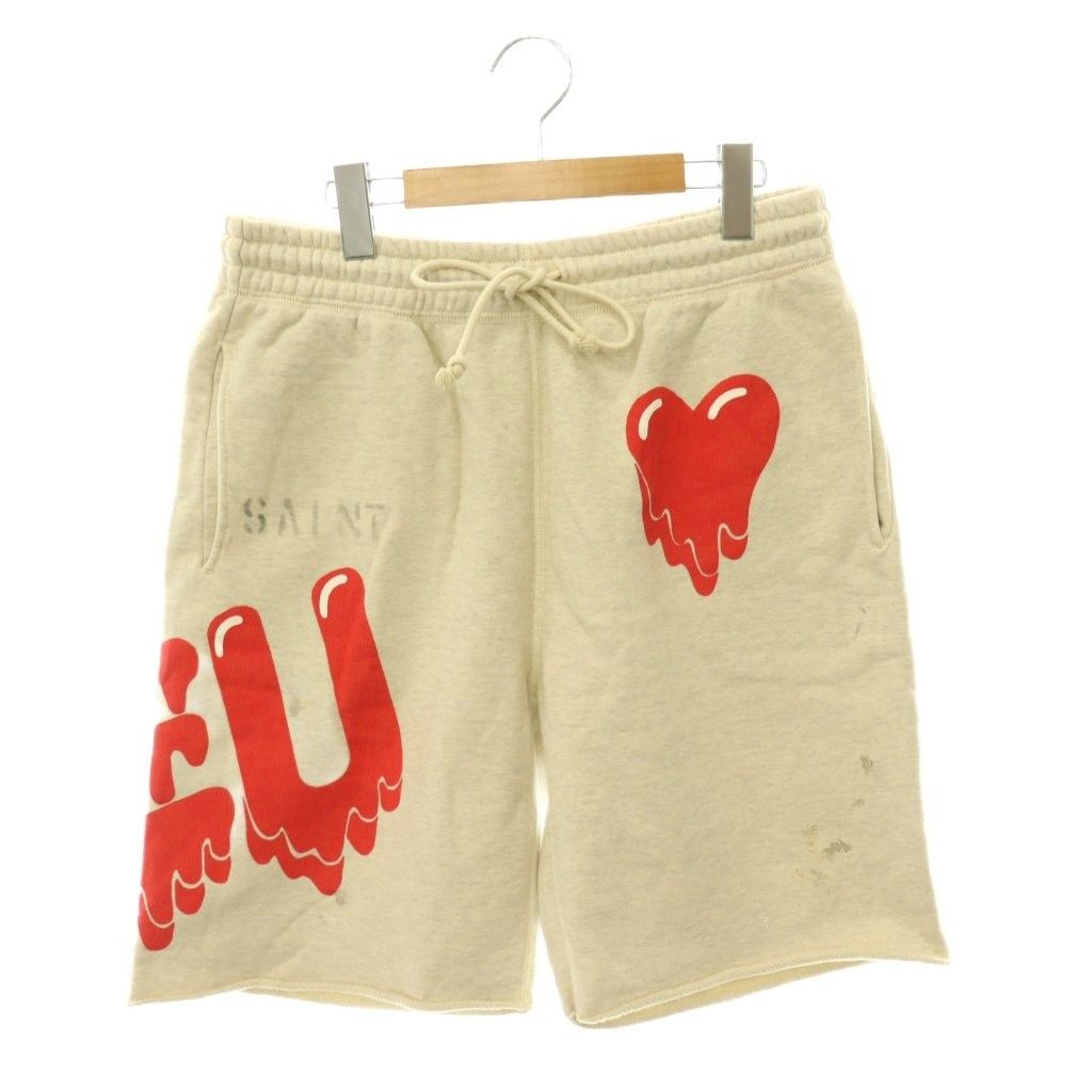 セントマイケル SAINTMICHAEL ×EMOTIONALLY UNAVAILABLE ショートパンツ ハーフパンツ スウェット ダメージ加工 S 杢ベージュ レッド /ES ■OS ■SH