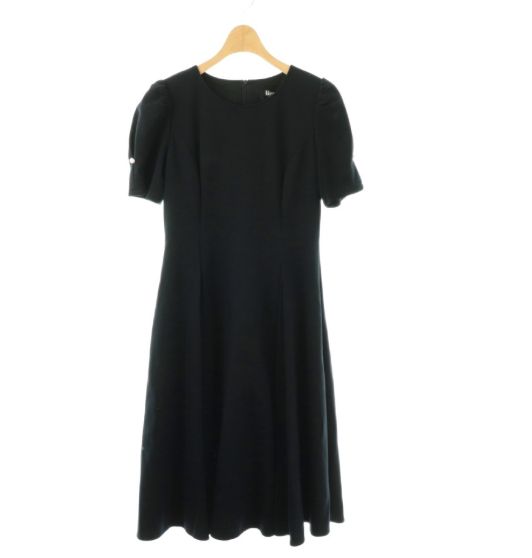 ルネ Rene basic フレアワンピース パフスリーブ 34 紺 ネイビー ミモレ ロング 半袖 ワンカラー /BB ■OS ■OH