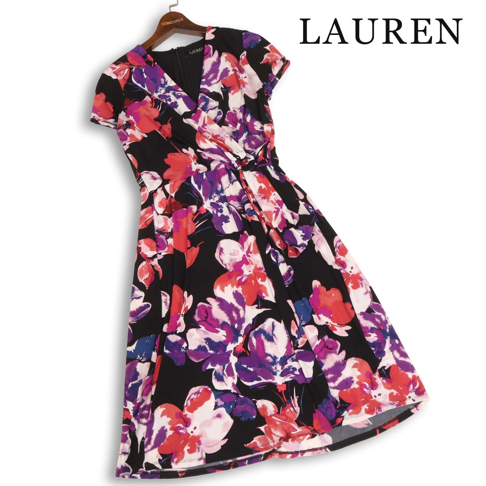 LAUREN ローレン ラルフローレン 半袖 ストレッチ 花柄 フラワー総柄 カシュクール ワンピース ドレス Sz.2 レディース