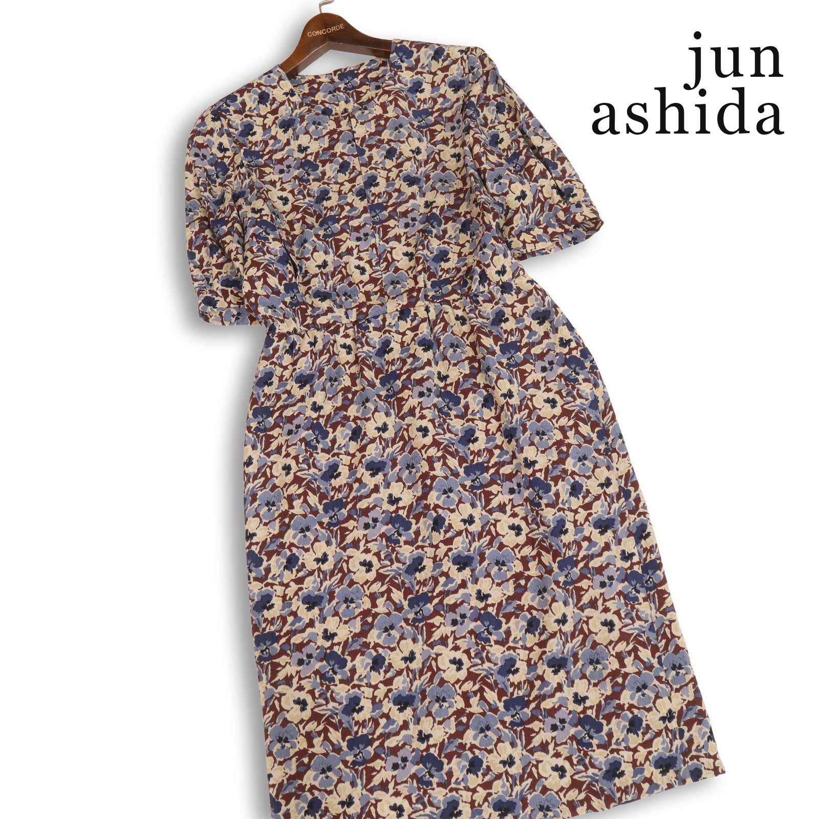 美品　jin ashida 花柄ワンピース 11号 上品リボン jun ashida ジュンアシダ 春夏☆ シルク100% 半袖 花柄 総柄 ロング