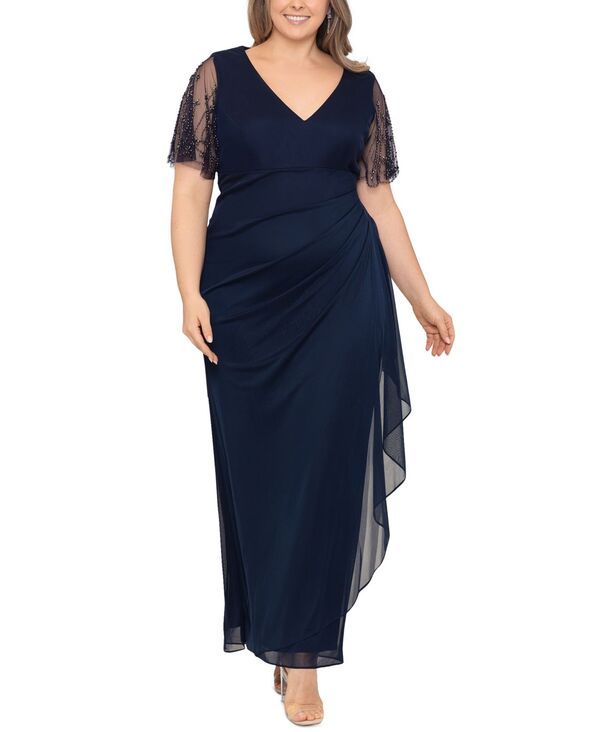 エスケープ レディース トップス ワンピース レース XSCAPE Womens LaceSleeve Gown 2P24W Navy Gunmetal ネイビー