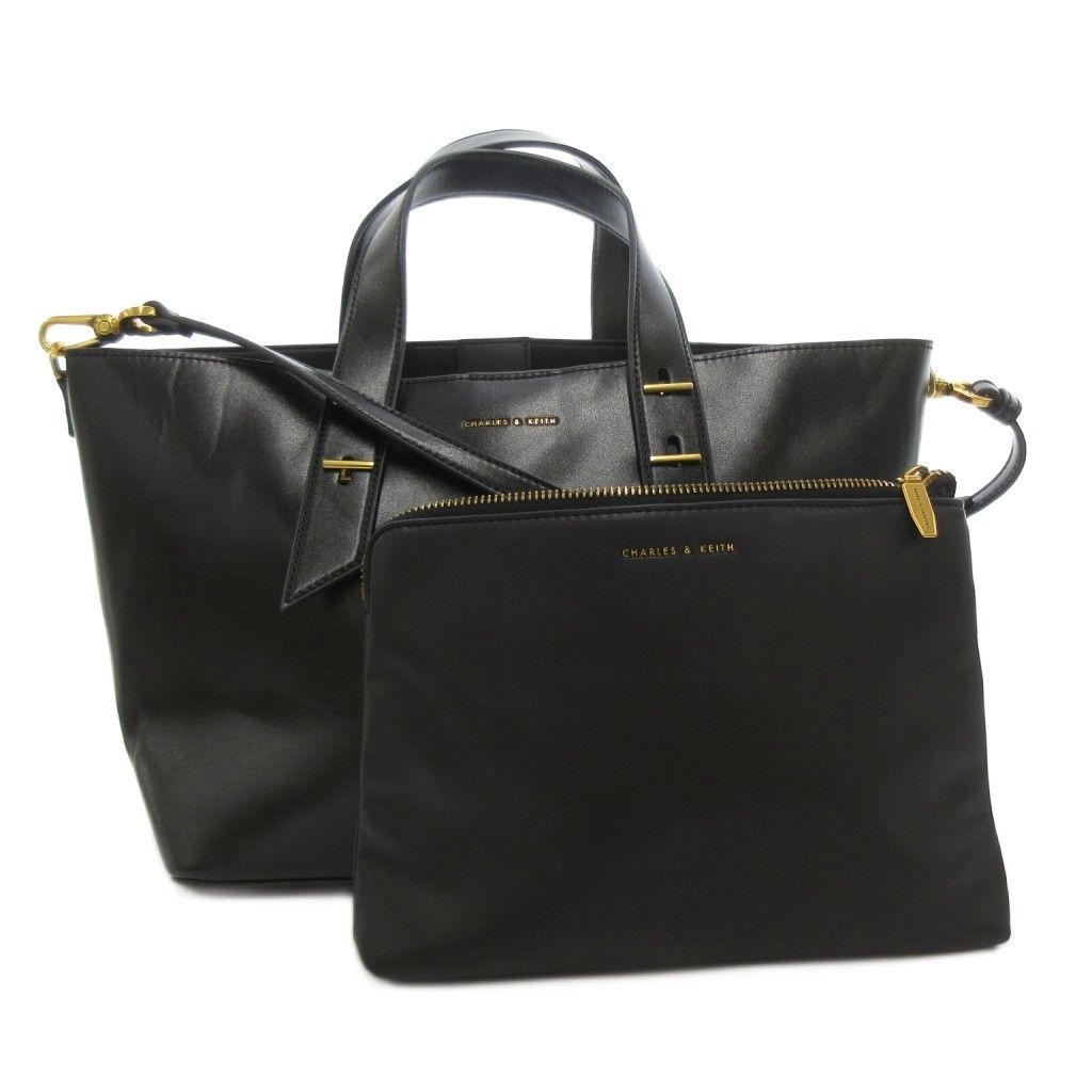 チャールズ&キース CHARLES&KEITH Shania シャナイア ダブルハンド ショルダーバッグ 2WAY レザー ポーチ付き ロゴ 黒 ブラック /FF