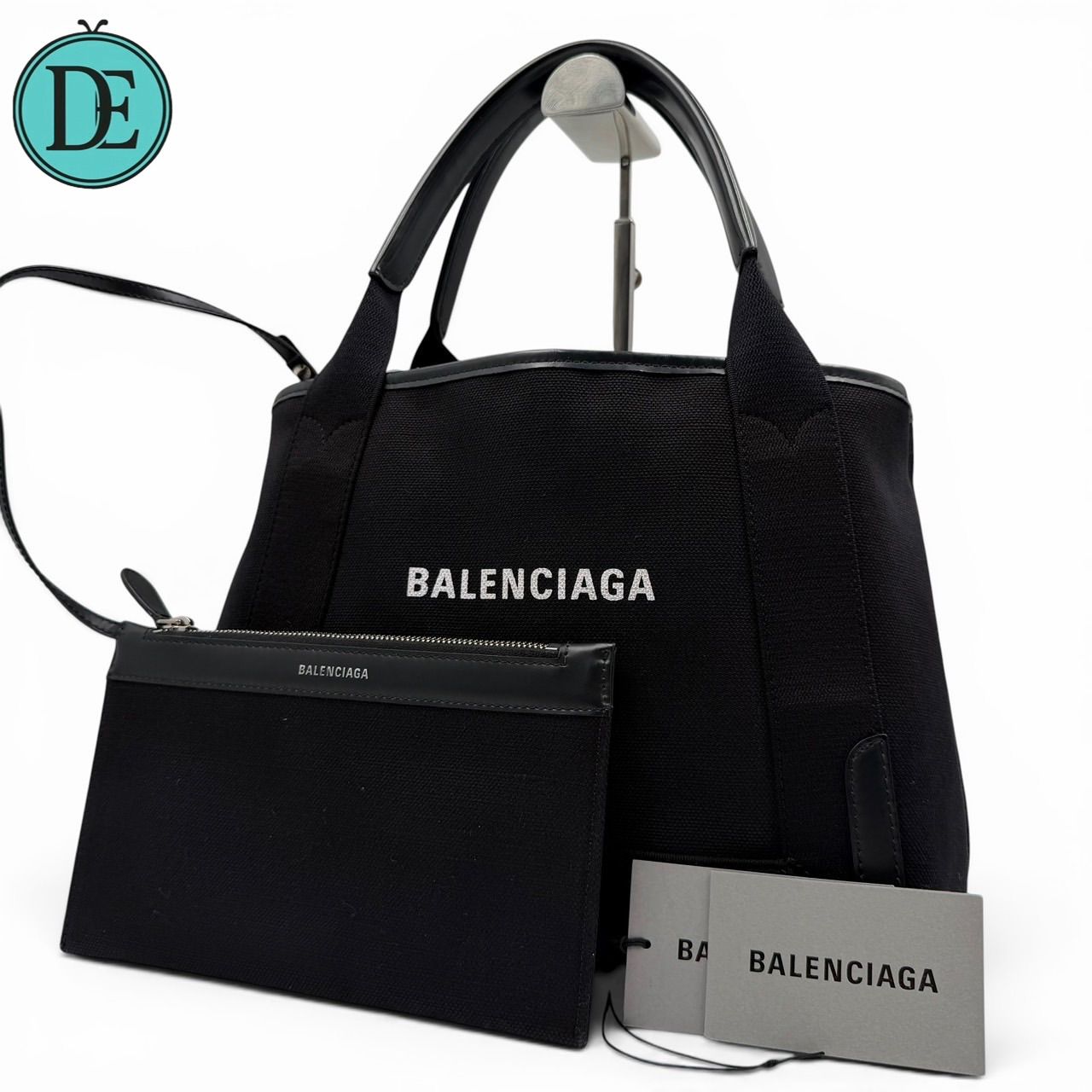 【良品】BALENCIAGA balenciaga バレンシアガ ハンドバッグ トートバッグ ネイビーカバス S キャンバス レザー ブラック レディース 手提げ ポーチ付