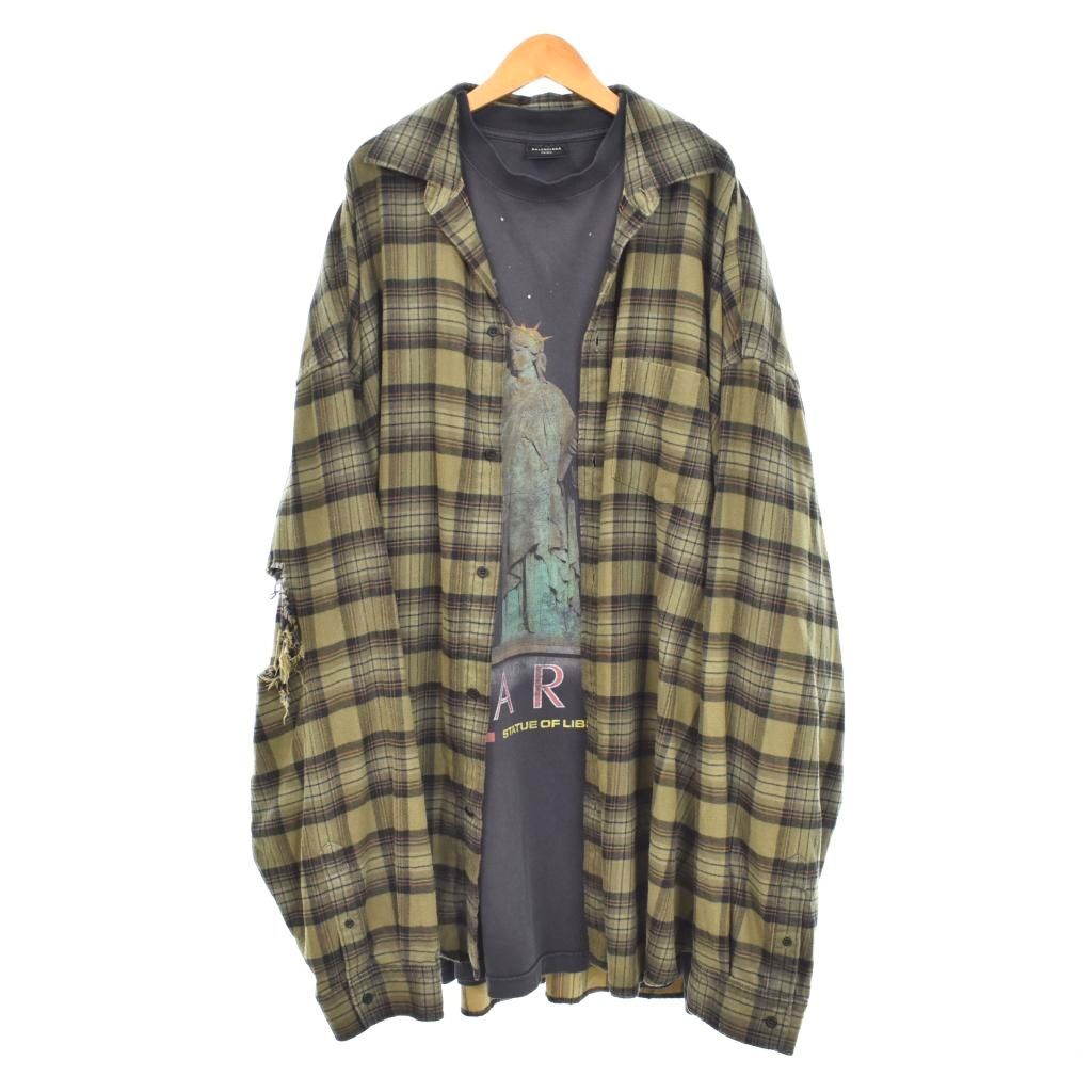 バレンシアガ BALENCIAGA 24AW PARIS LIBERTY LAYERED パリ レイヤード チェック ドッキング フランネルシャツ 5 カーキ 794656