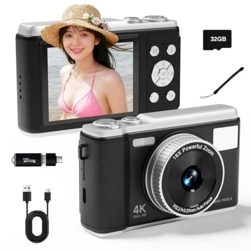 デジタルカメラ 携帯電話で内容を読み取ることができます 4K 5000万画素 デジカメ 2.8 インチスクリーン 16 倍デジタルズーム オートフォーカス 近接撮影 定時撮影 内蔵フラッシュ 32GBマイクロSDカード付き ウェブカメラ コンパクトVLOG e