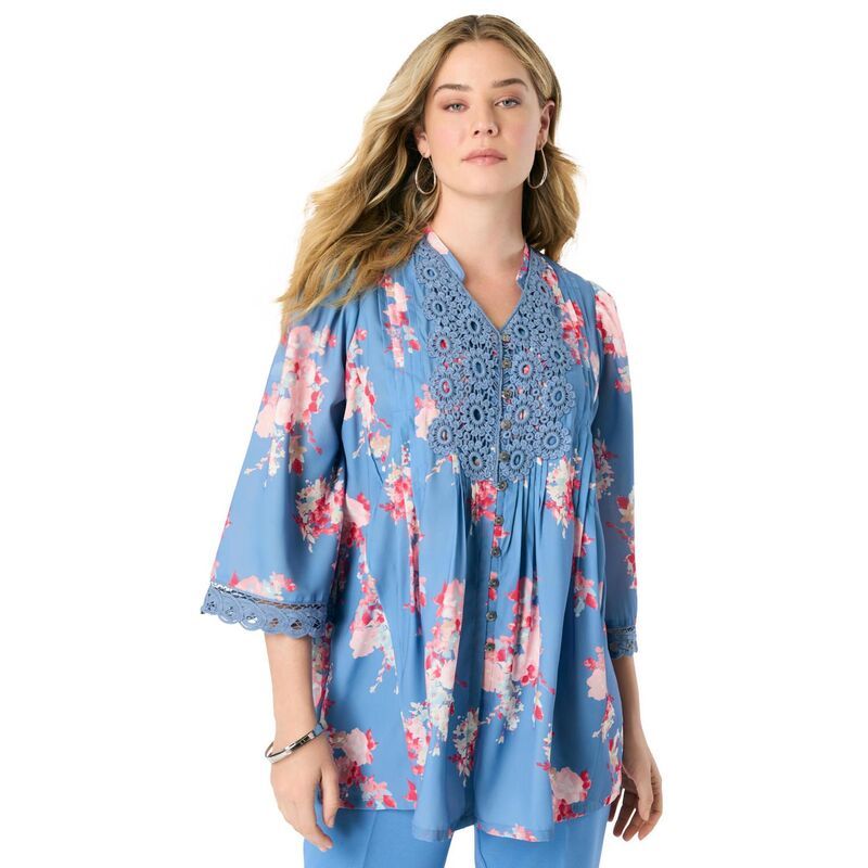 ロアマンズ レディース トップス Tシャツ プラスサイズ レース Roamans Womens Plusize Juliet Lace Big Shirt Indigo Watercolor インディ