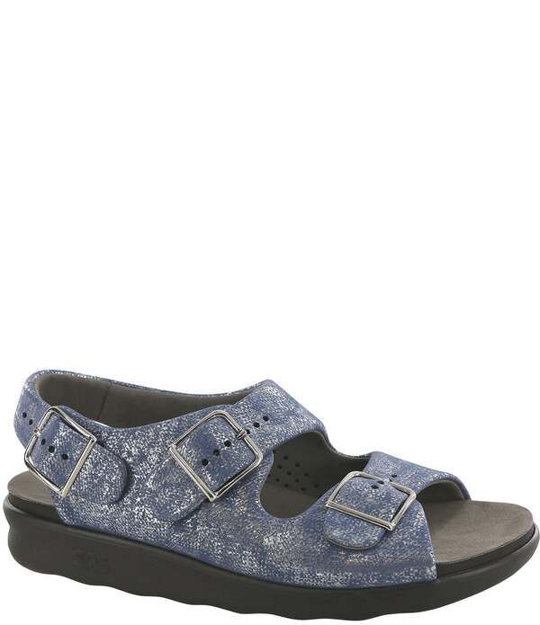 サス レディース シューズ サンダル プリントール レザー SAS Relaxed Printed Metallic Leather Buckle Strap Dad Sandalsilver Blu
