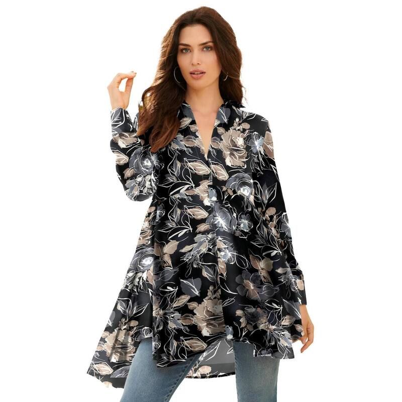 ロアマンズ レディース トップス Tシャツ プラスサイズ Roamans Womens Plusize Hand Crinkled Fit And Flare Tunic Black Painterl