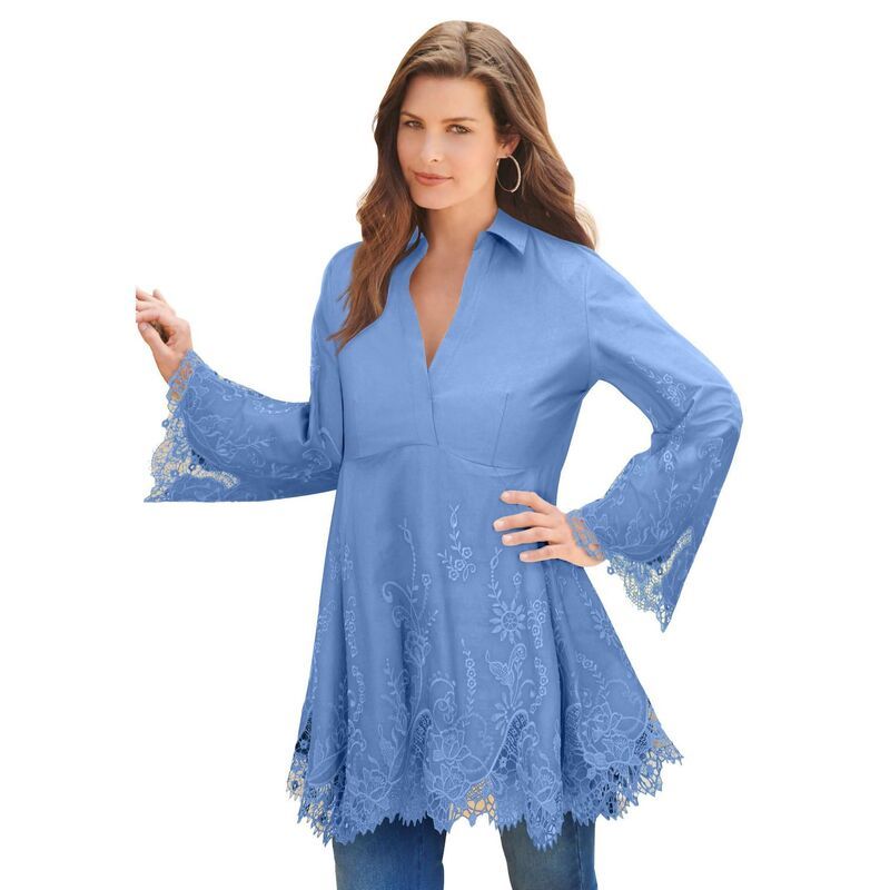 ロアマンズ レディース トップス Tシャツ プラスサイズ 刺繍 Roamans Womens Plusize Poplin Embroidered Swing Tunic French Blue ブル