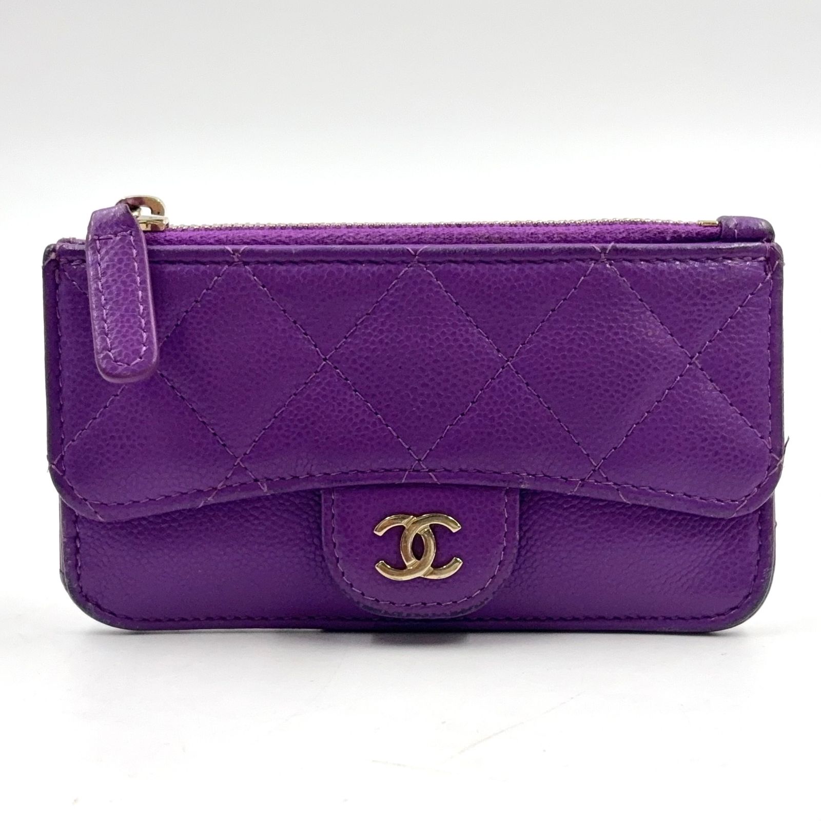 【新着】CHANEL マトラッセ クラシック シリアル番号ランダム キャビアスキン パープル コインケース ゴールド