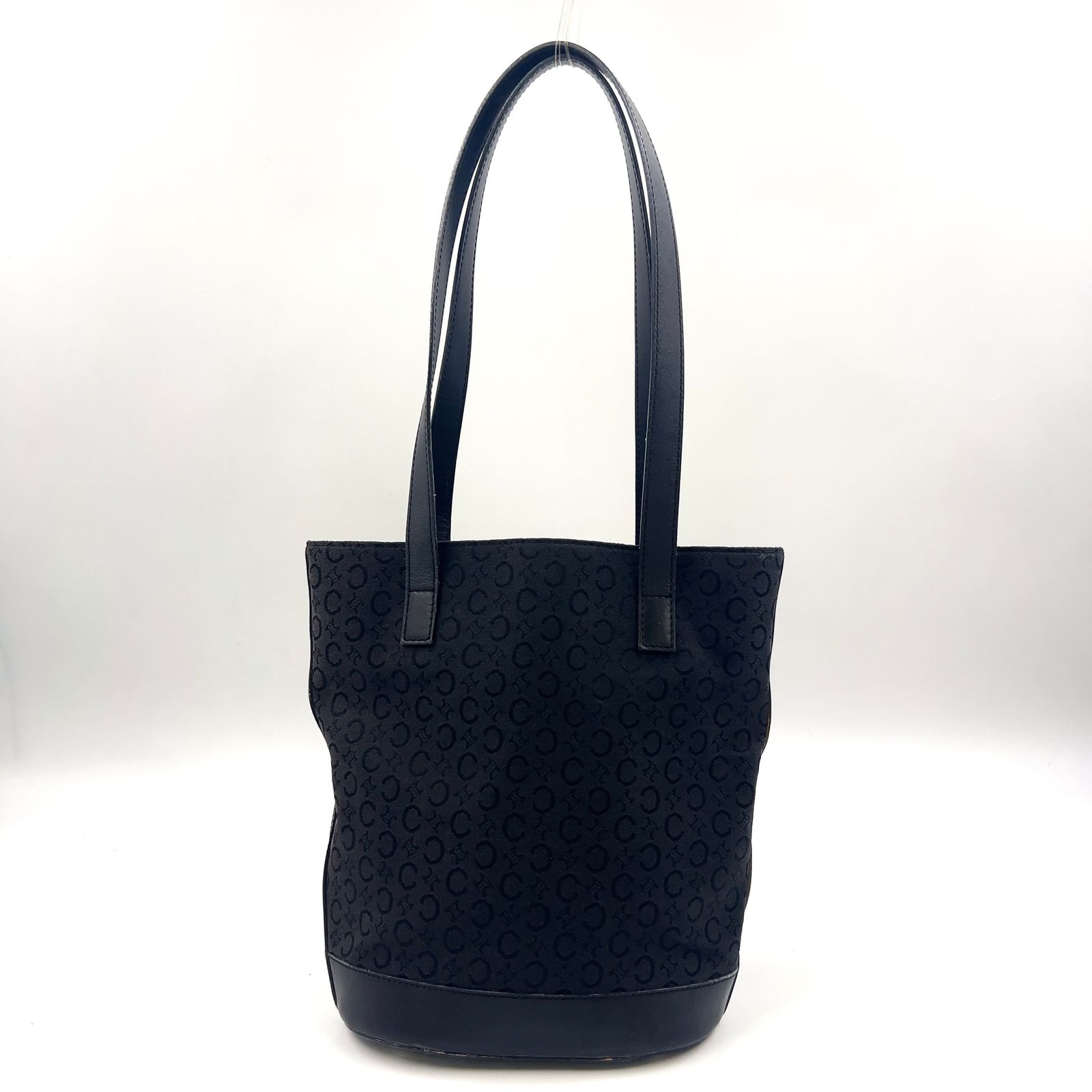 【新着】CELINE Cマカダム バケツ型 レザー、キャンバス ブラック トートバッグ ゴールド