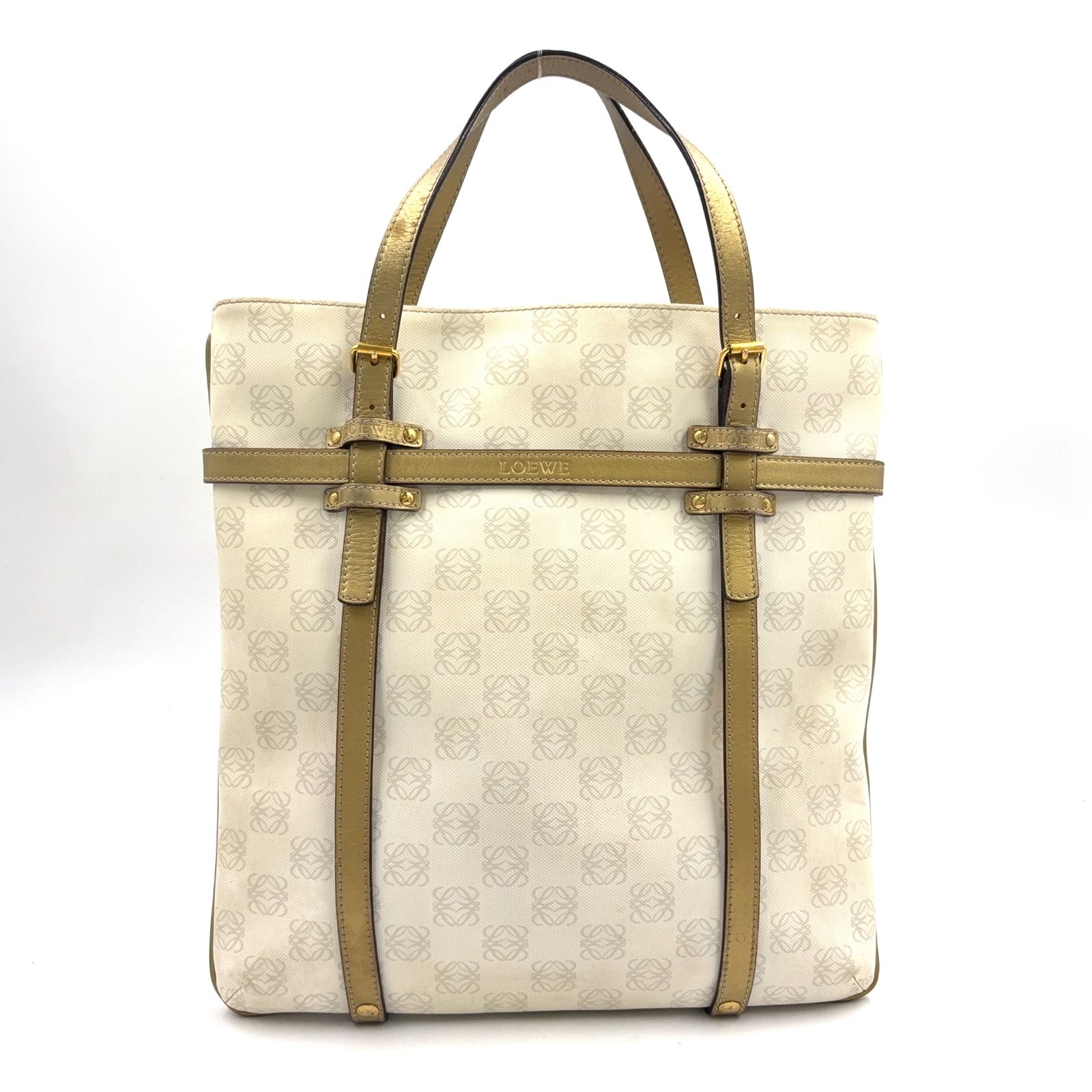 【新着】LOEWE リピートアナグラム レザー、PVC ゴールド、ホワイト トートバッグ ゴールド