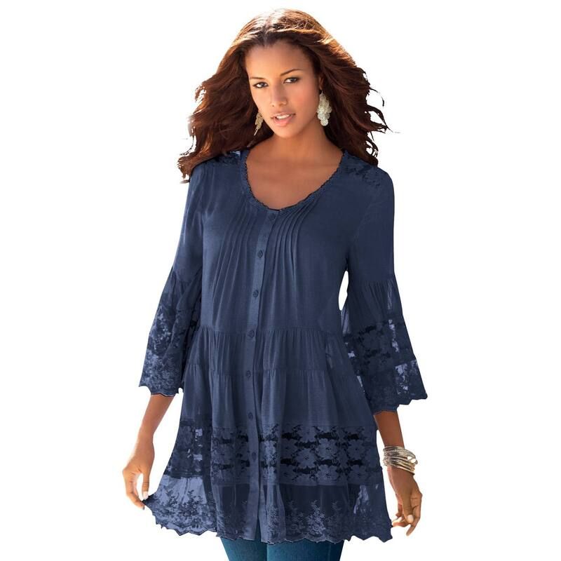 ロアマンズ レディース トップス Tシャツ プラスサイズ ブラウス レース Roamans Womens Plusize Lace Illusion Blouse Navy ネイビー