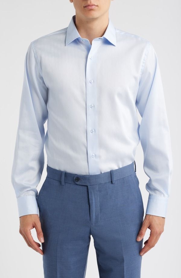 ロレンゾウオモ メンズ トップス シャツ コットン Lorenzo Uomo Trim Fit Light Blue Cotton Herringbone Dresshirt Light Blue ブ
