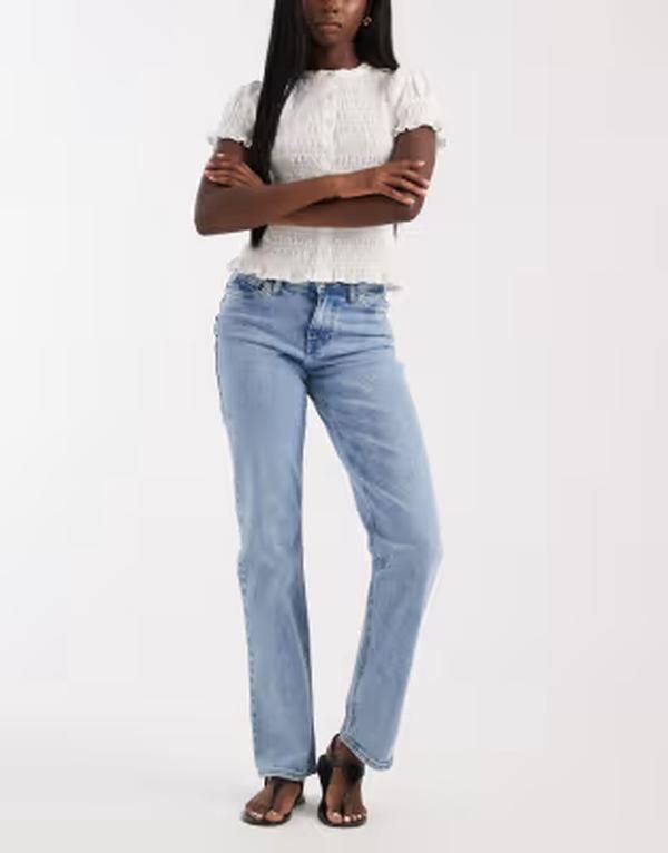 ピーシーズ レディース ボトムス デニムパンツ ストレート ジーンズ PIECES Kelly mid waistraight leg jeans in light blue denim Light