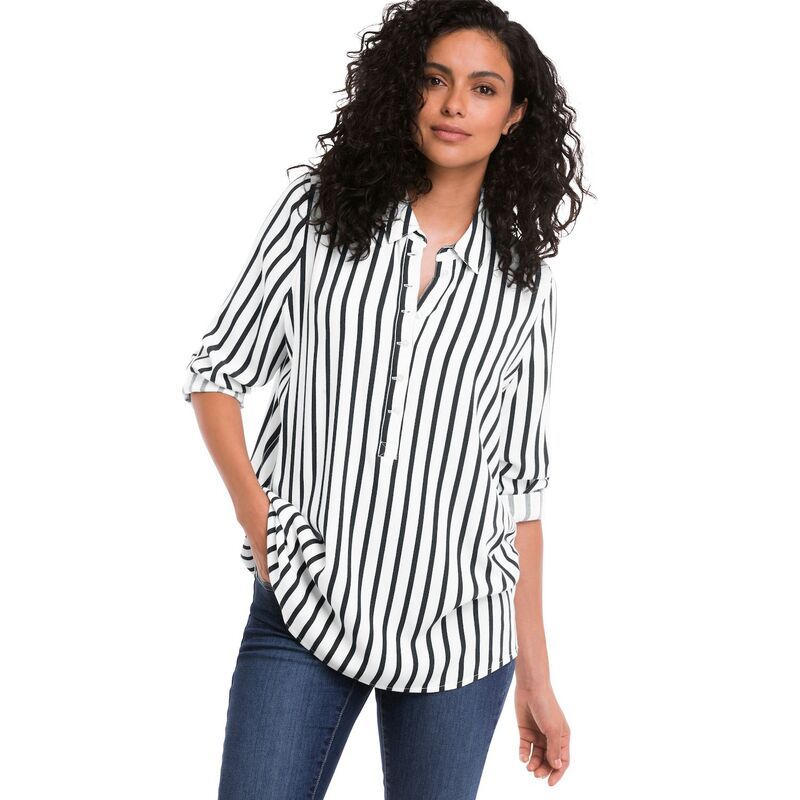 Ellos レディース トップス Tシャツ プラスサイズ ellos Plusize Button Placket Popover Tunic Black Stripe ブラック
