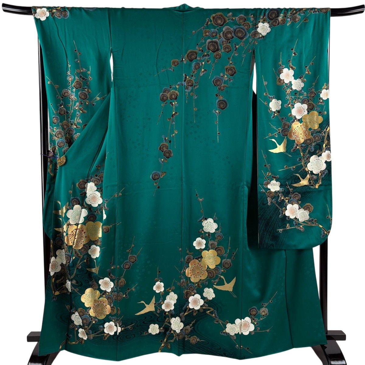 振袖 身丈163cm 裄丈68.5cm L 袷 枝梅 鶴 金銀彩 緑 正絹 秀品 【中古】