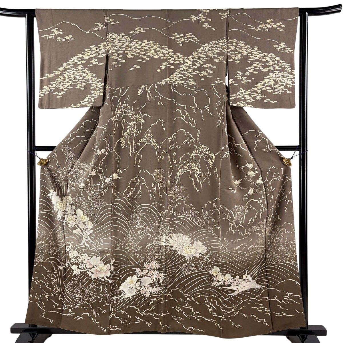 訪問着 身丈159cm 裄丈62cm S 袷 花筏 枝花 金彩 灰茶 正絹 秀品 【中古】
