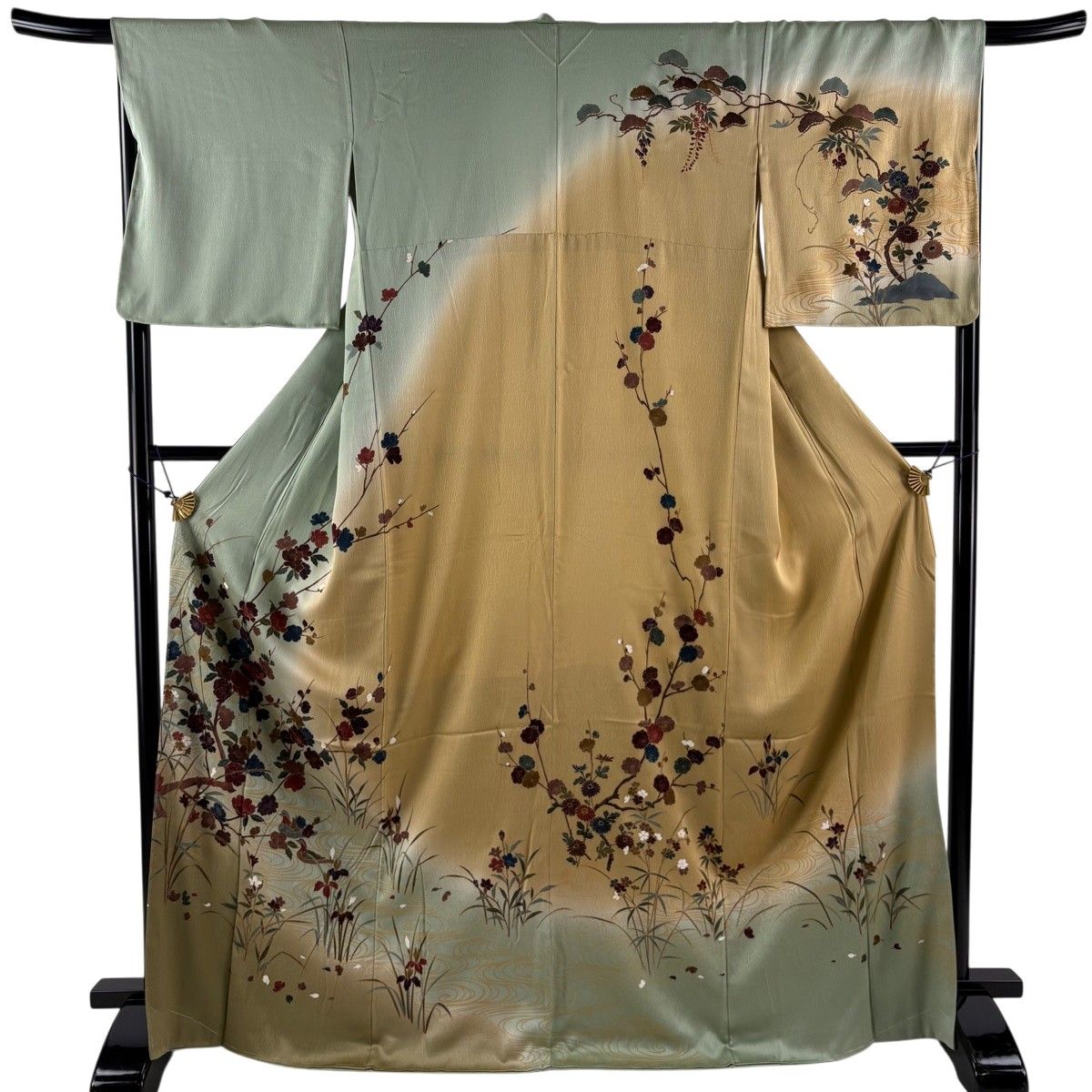 【美品】 訪問着 身丈170cm 裄丈67cm M 袷 枝花 流水 金彩 ぼかし 灰緑 正絹 秀品 【中古】
