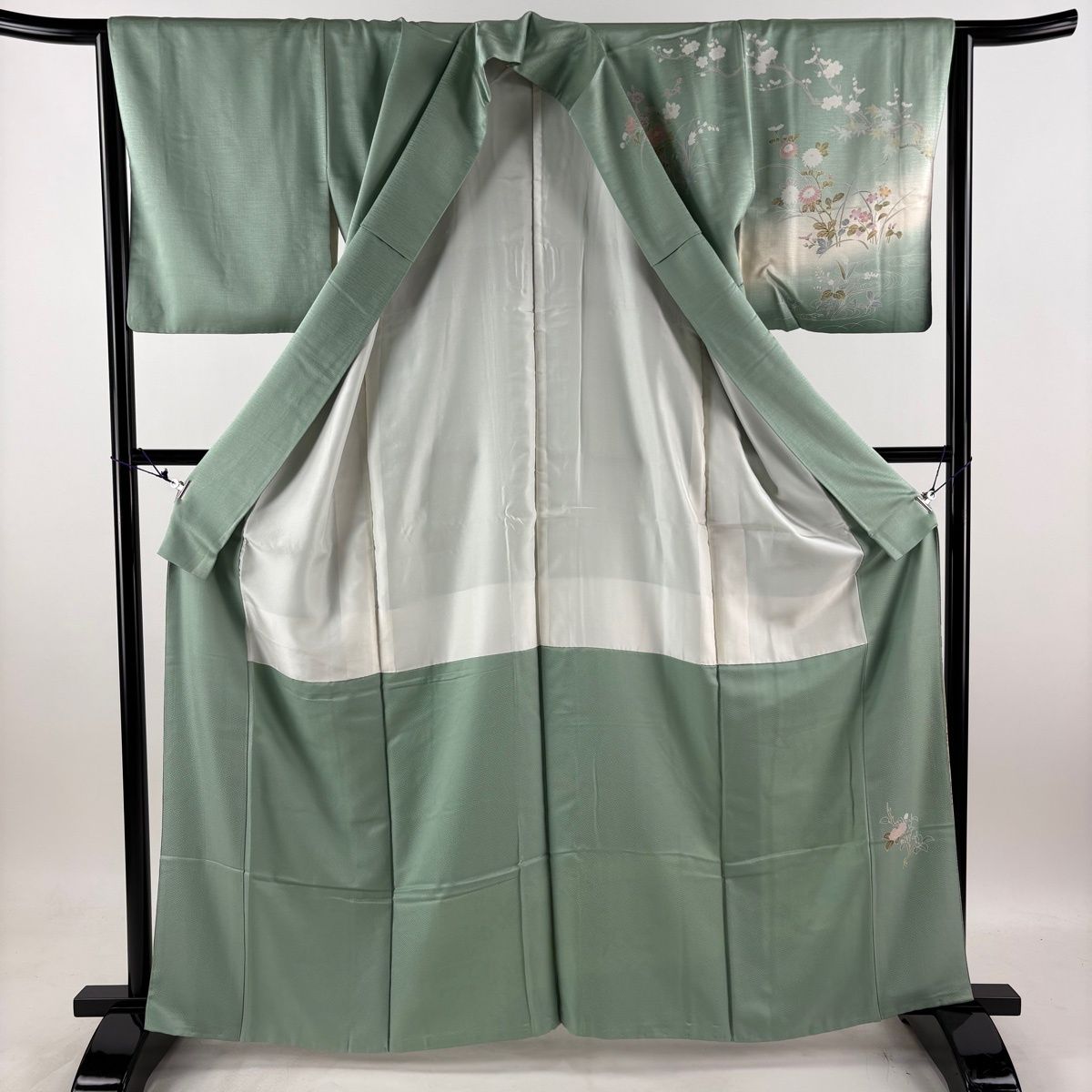 訪問着 身丈163cm 裄丈63.5cm S 袷 草花 鴛鴦 染め分け ぼかし 薄緑 正絹 秀品 【中古】