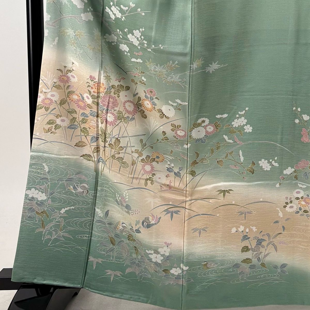 訪問着 身丈163cm 裄丈63.5cm S 袷 草花 鴛鴦 染め分け ぼかし 薄緑 正絹 秀品 【中古】