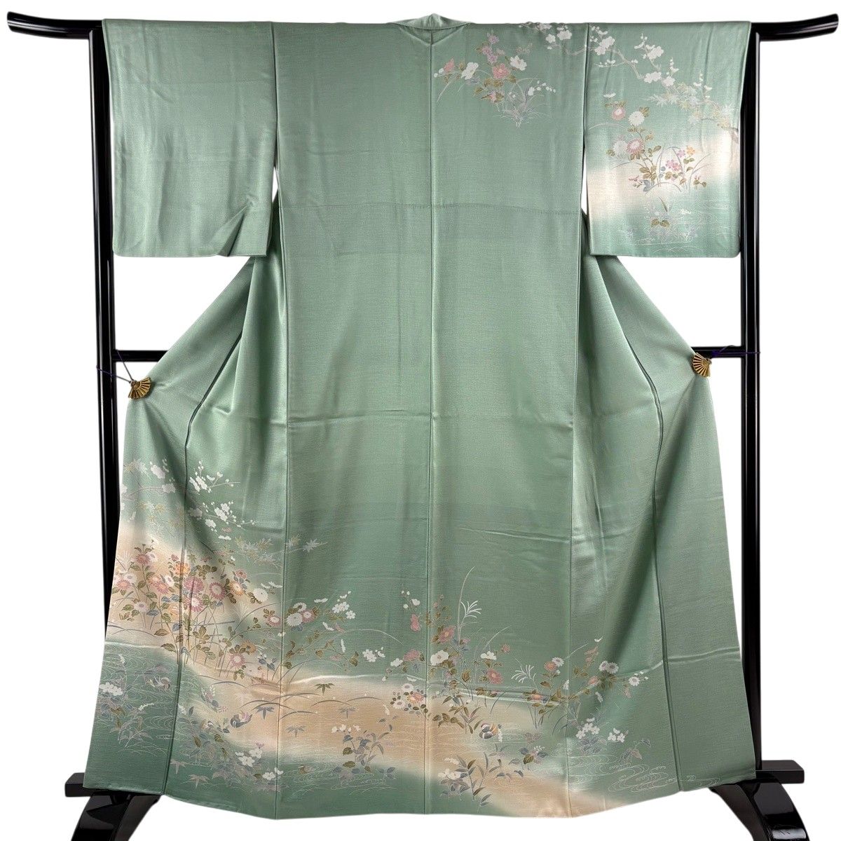 訪問着 身丈163cm 裄丈63.5cm S 袷 草花 鴛鴦 染め分け ぼかし 薄緑 正絹 秀品 【中古】