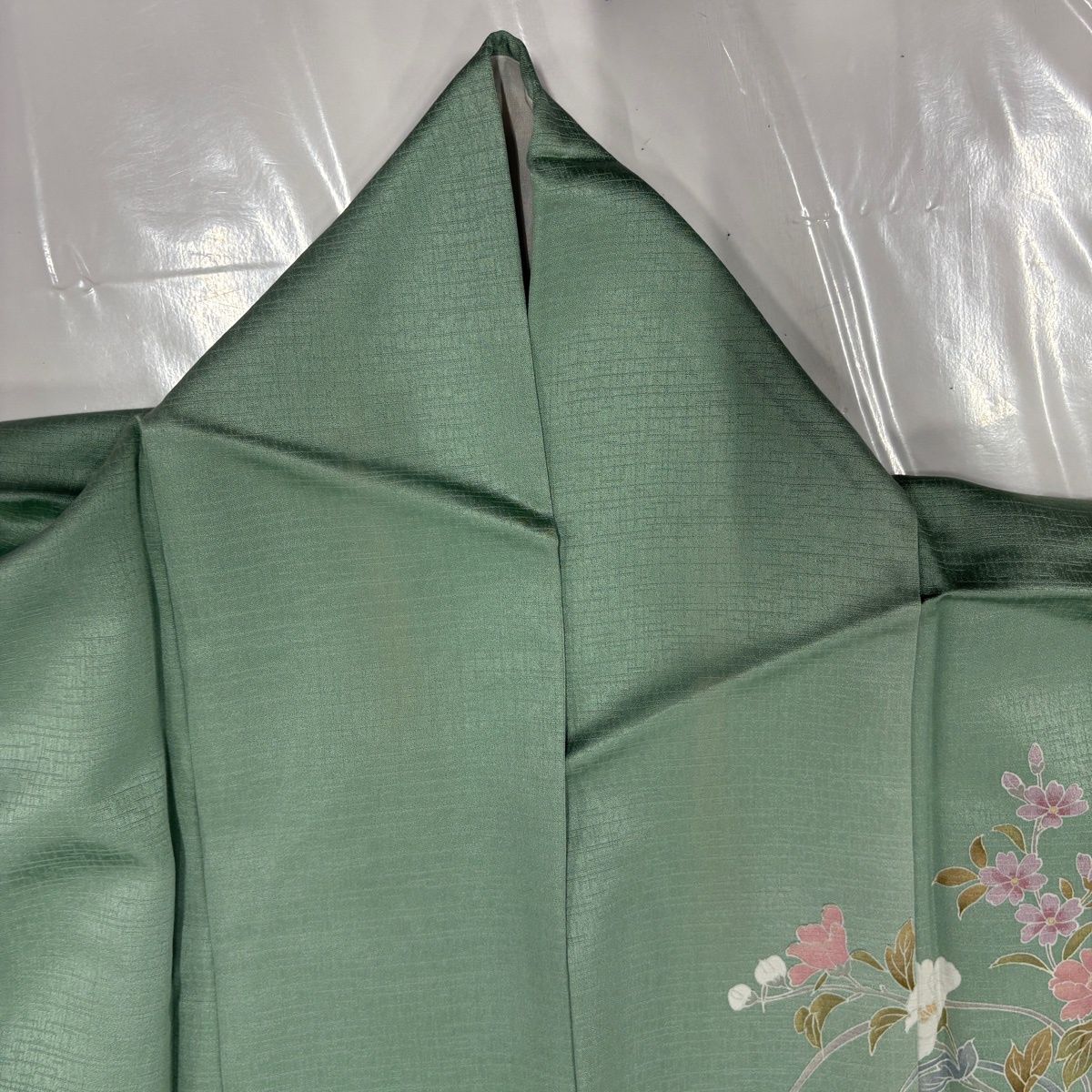 訪問着 身丈163cm 裄丈63.5cm S 袷 草花 鴛鴦 染め分け ぼかし 薄緑 正絹 秀品 【中古】