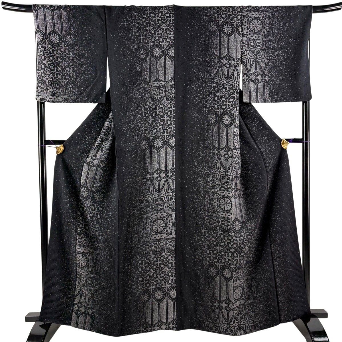 【美品】小紋 身丈164cm 裄丈68.5cm L 袷 丸文 花 黒 正絹 秀品 【中古】