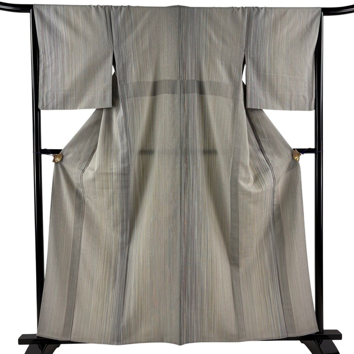 【美品】 紬 身丈159cm 裄丈65cm M 単衣 縦縞 灰色 正絹 秀品 【中古】