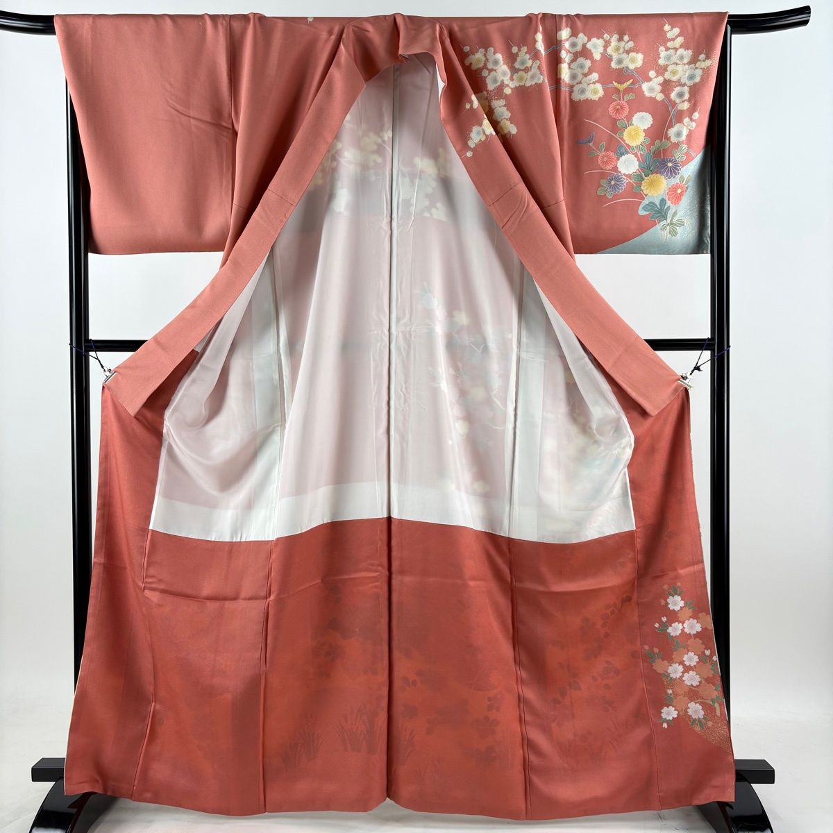 訪問着 身丈166cm 裄丈68.5cm L 袷 花籠 霞 金糸 金彩 サーモンピンク 正絹 秀品 【中古】