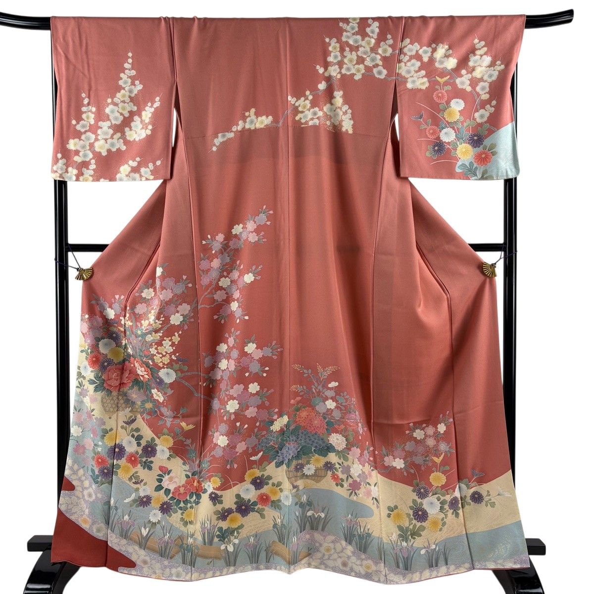 訪問着 身丈166cm 裄丈68.5cm L 袷 花籠 霞 金糸 金彩 サーモンピンク 正絹 秀品 【中古】