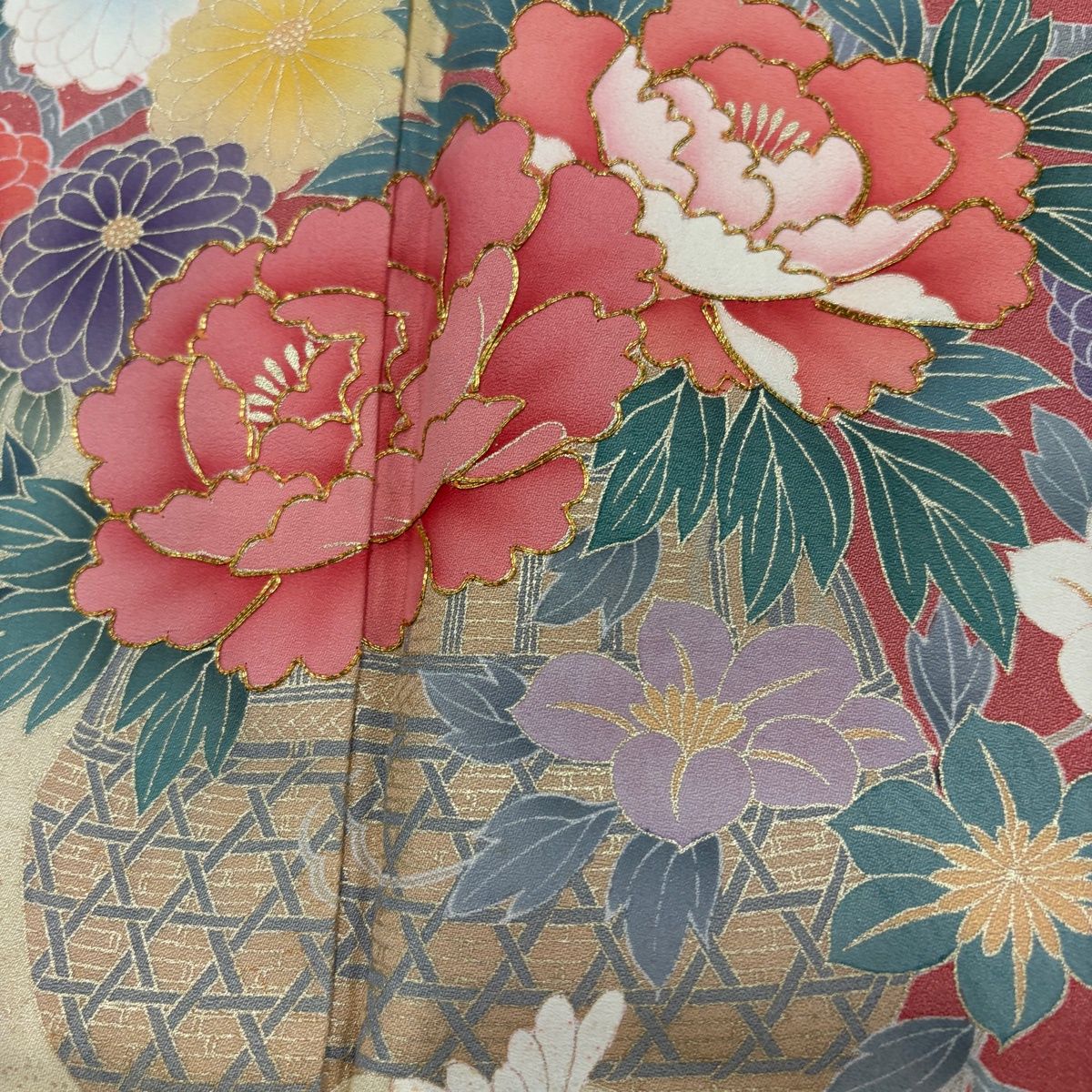 訪問着 身丈166cm 裄丈68.5cm L 袷 花籠 霞 金糸 金彩 サーモンピンク 正絹 秀品 【中古】