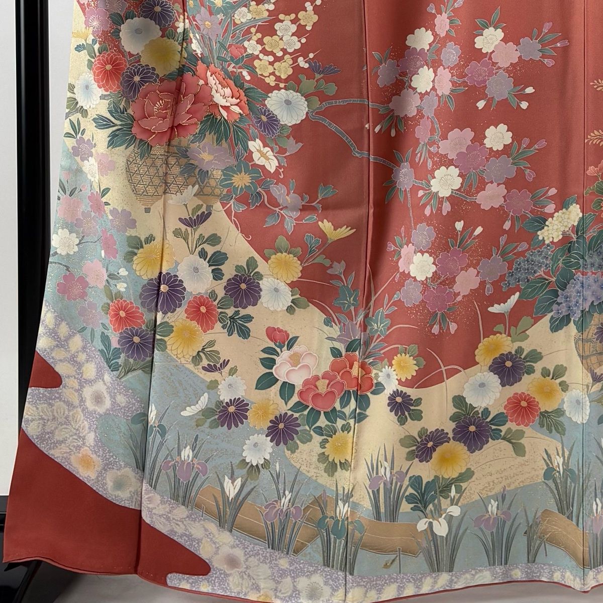 訪問着 身丈166cm 裄丈68.5cm L 袷 花籠 霞 金糸 金彩 サーモンピンク 正絹 秀品 【中古】