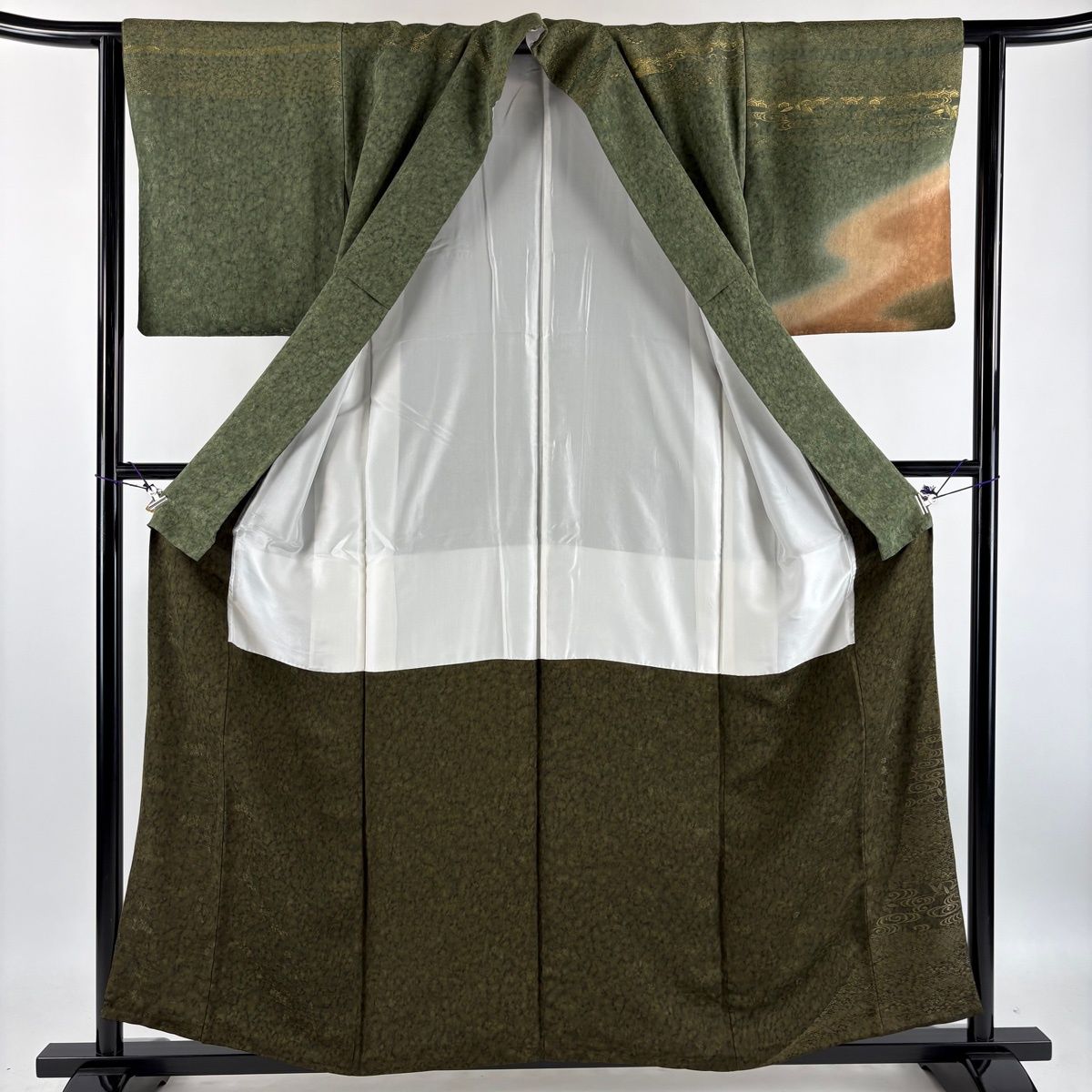【美品】 付下げ 身丈157cm 裄丈62cm S 袷 草花 霞 金銀糸 染め分け 灰緑 正絹 秀品 【中古】