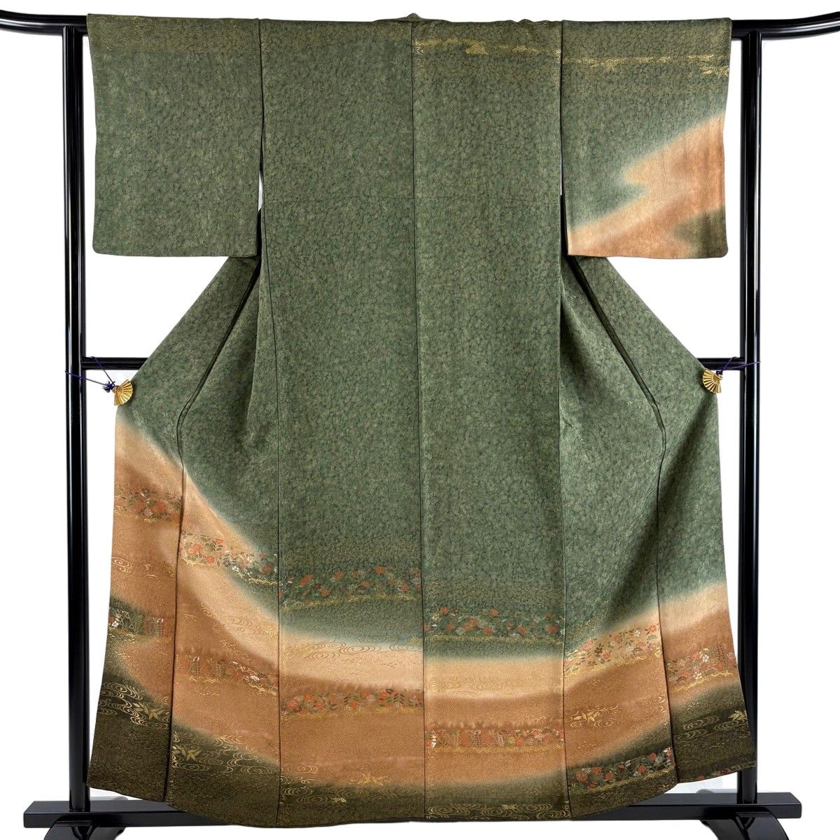 【美品】 付下げ 身丈157cm 裄丈62cm S 袷 草花 霞 金銀糸 染め分け 灰緑 正絹 秀品 【中古】