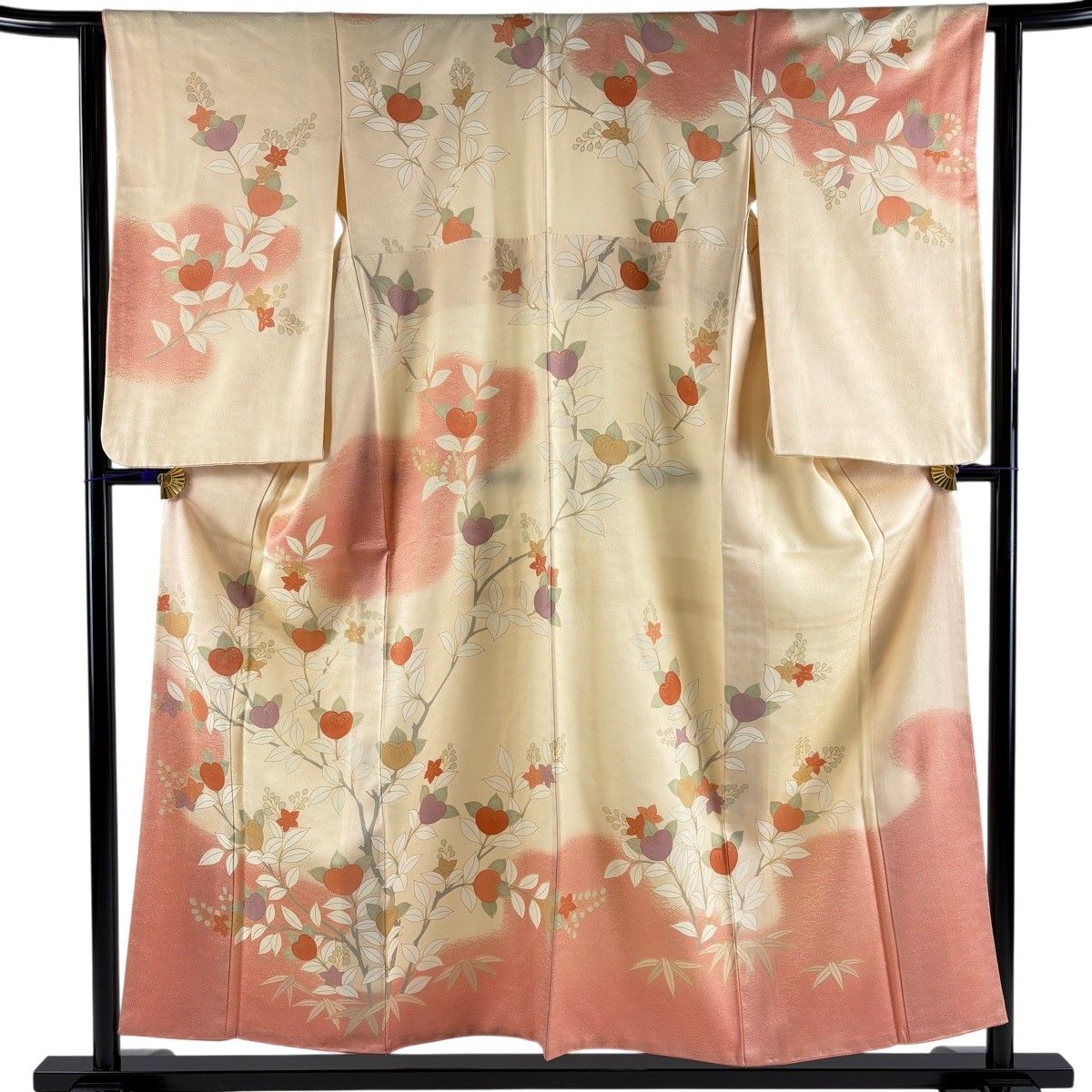 訪問着 身丈154.5cm 裄丈62.5cm S 袷 橘花 笹 金彩 染め分け ベージュ 正絹 秀品 【中古】