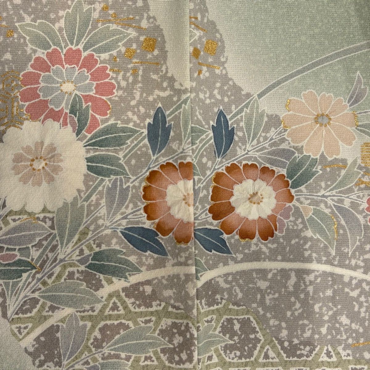 訪問着 身丈159cm 裄丈65cm M 袷 菊 霞 金彩 ぼかし 青灰色 正絹 秀品 【中古】 訪問着 身丈159cm 裄丈65cm M 袷 菊 霞 金彩 ぼかし 青灰色 正絹 秀品 【中古】