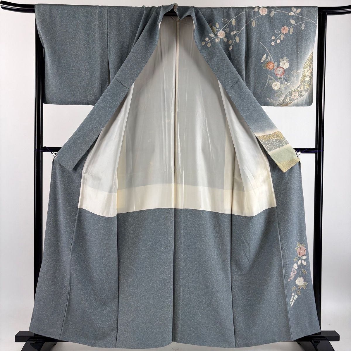 訪問着 身丈159cm 裄丈65cm M 袷 菊 霞 金彩 ぼかし 青灰色 正絹 秀品 【中古】 訪問着 身丈159cm 裄丈65cm M 袷 菊 霞 金彩 ぼかし 青灰色 正絹 秀品 【中古】