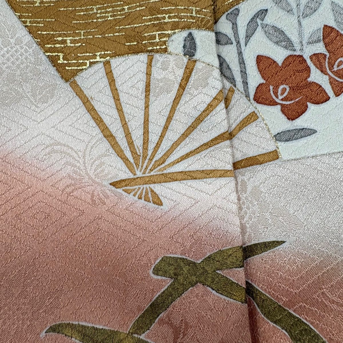 訪問着 身丈164.5cm 裄丈68cm L 袷 扇 草花 金彩 ピンクベージュ 正絹 秀品 【中古】