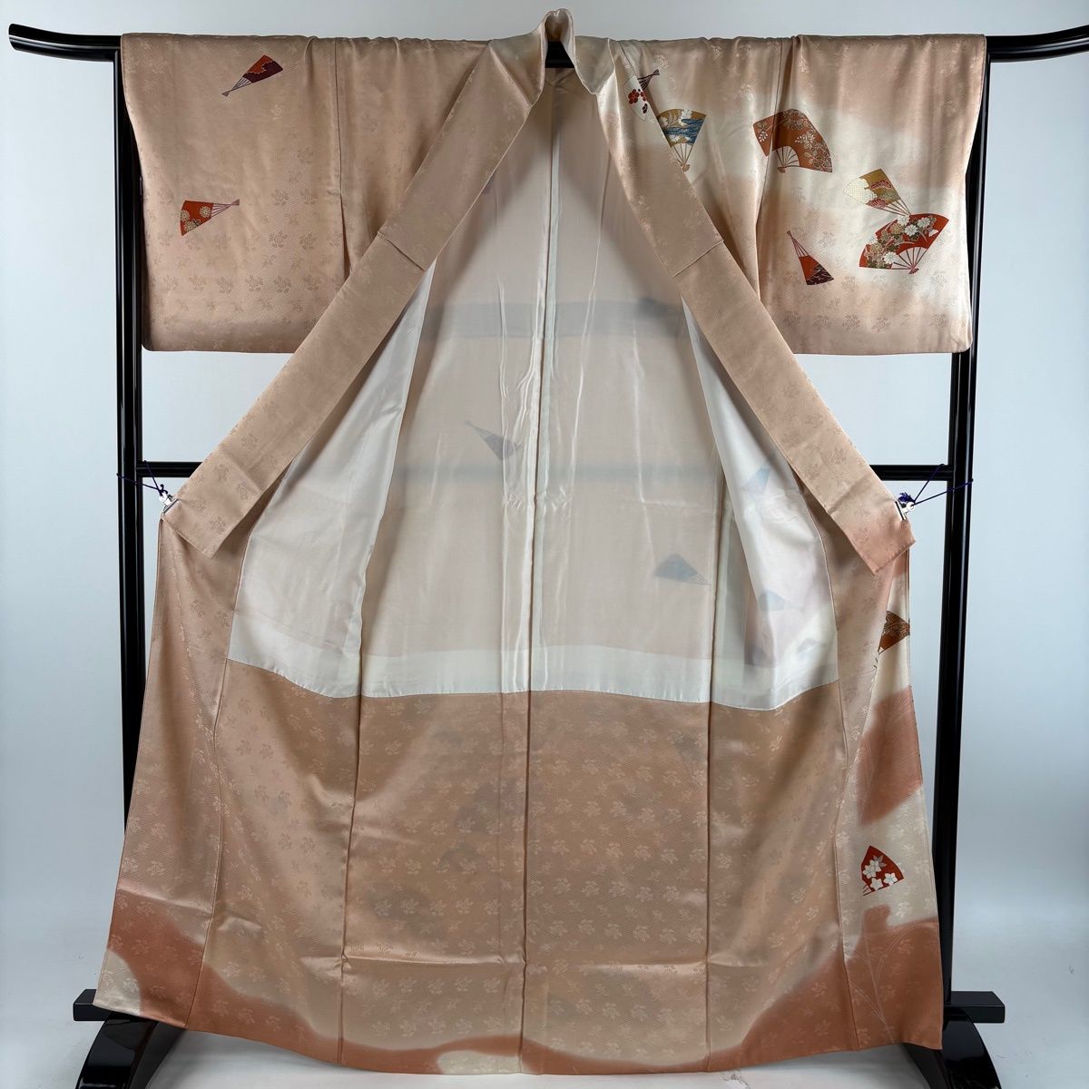 訪問着 身丈164.5cm 裄丈68cm L 袷 扇 草花 金彩 ピンクベージュ 正絹 秀品 【中古】