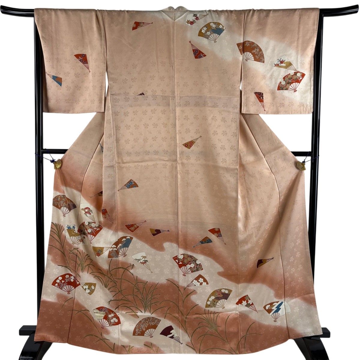 訪問着 身丈164.5cm 裄丈68cm L 袷 扇 草花 金彩 ピンクベージュ 正絹 秀品 【中古】