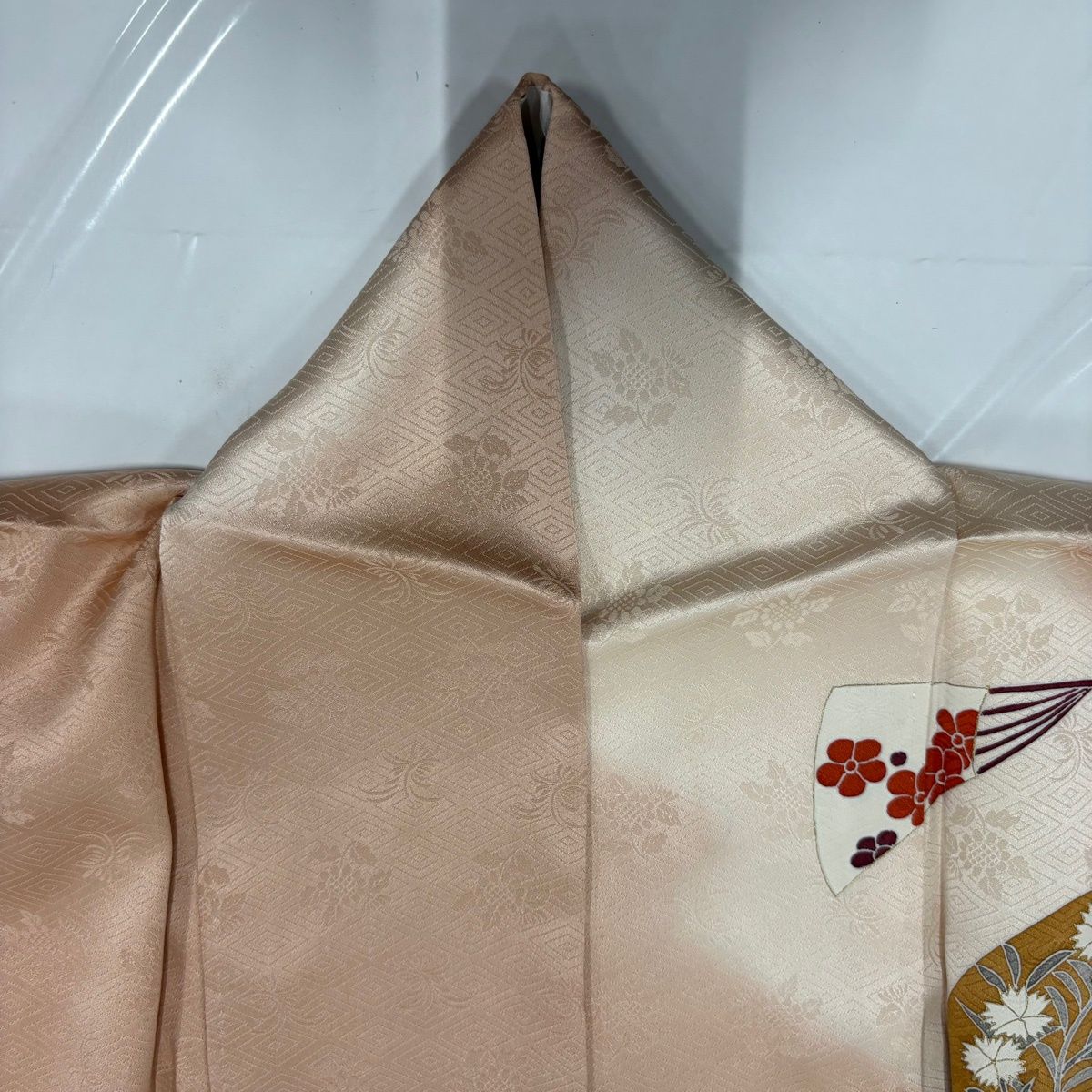 訪問着 身丈164.5cm 裄丈68cm L 袷 扇 草花 金彩 ピンクベージュ 正絹 秀品 【中古】