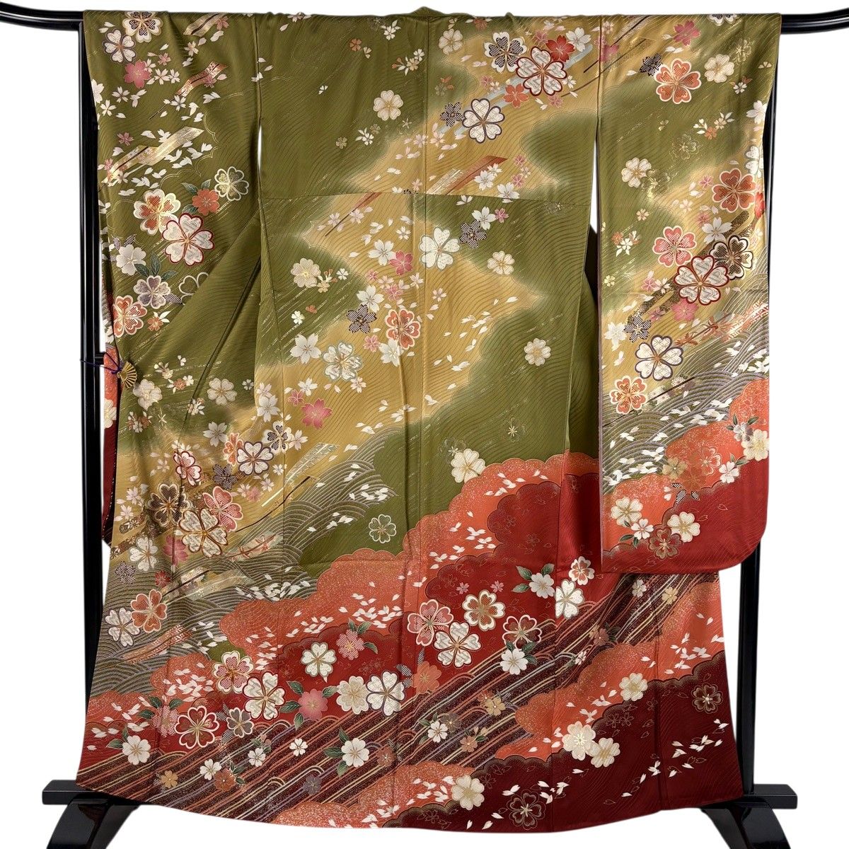 振袖 身丈161.5cm 裄丈67.5cm L 袷 桜 ヱ霞 金糸 金銀彩 茶緑色 正絹 秀品 【中古】