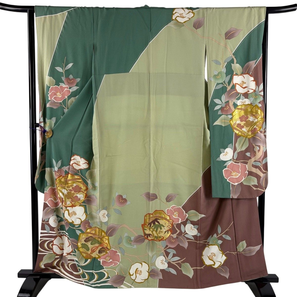 振袖 身丈161cm 裄丈65cm M 袷 椿 橘 金糸 金銀彩 緑 正絹 秀品 【中古】