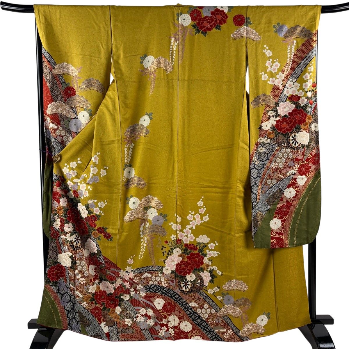 【美品】 振袖 身丈164.5cm 裄丈67cm M 袷 花車 波 金彩 からし色 正絹 秀品 【中古】