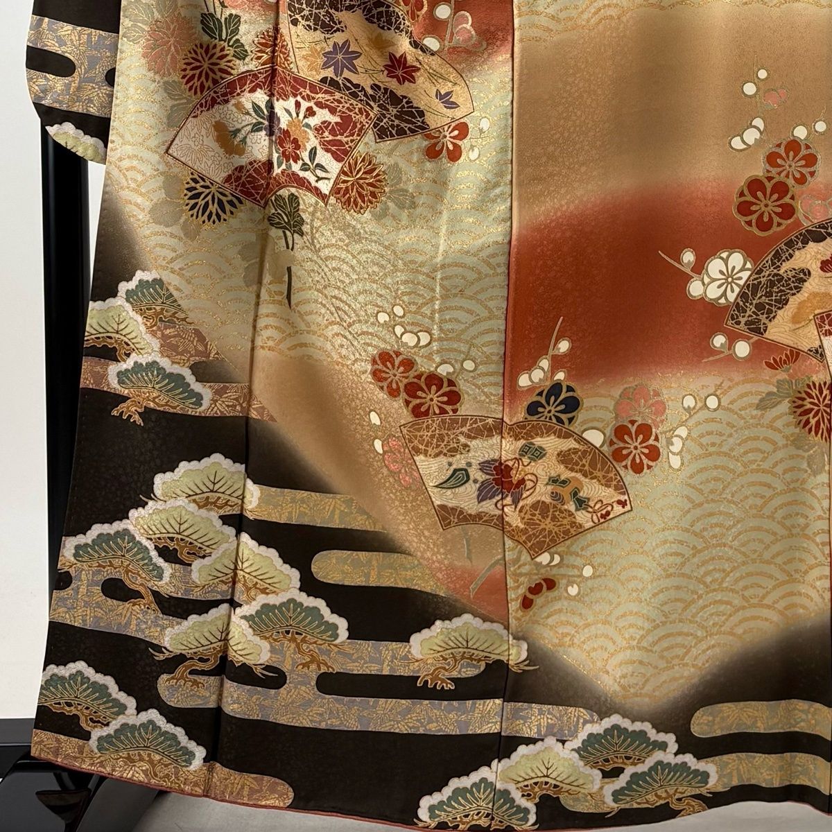 振袖 身丈162cm 裄丈66.5cm M 袷 鈴乃屋 扇面 草花 金糸 金彩 灰緑