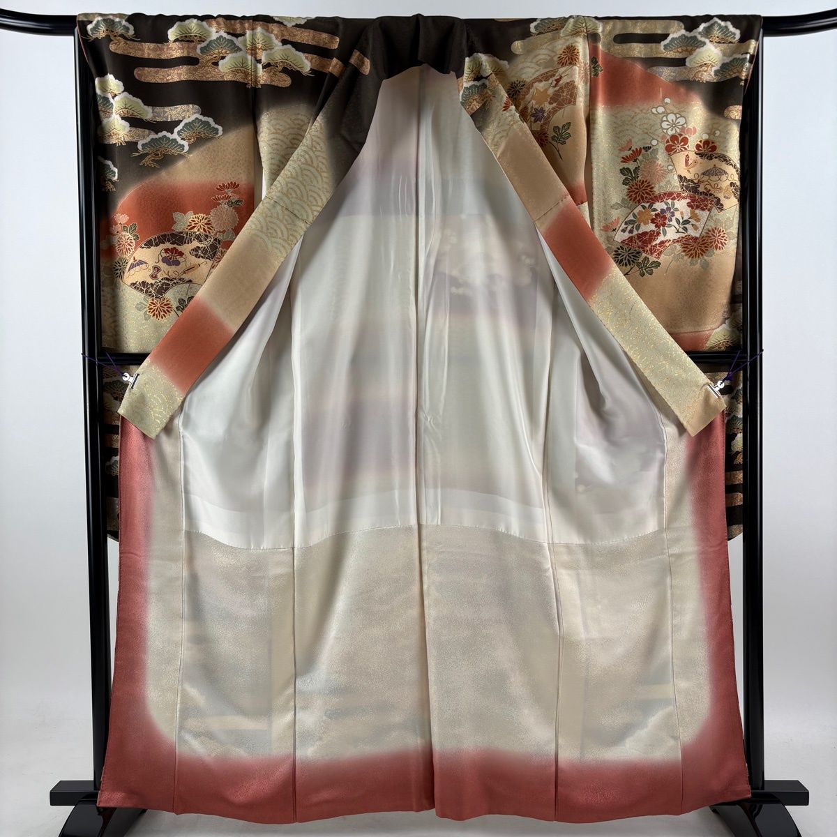 振袖 身丈162cm 裄丈66.5cm M 袷 鈴乃屋 扇面 草花 金糸 金彩 灰緑 正絹 秀品 【中古】 振袖 身丈162cm 裄丈66.5cm M 袷 鈴乃屋 扇面 草花 金糸 金彩 灰緑 正絹 秀品 【中古】