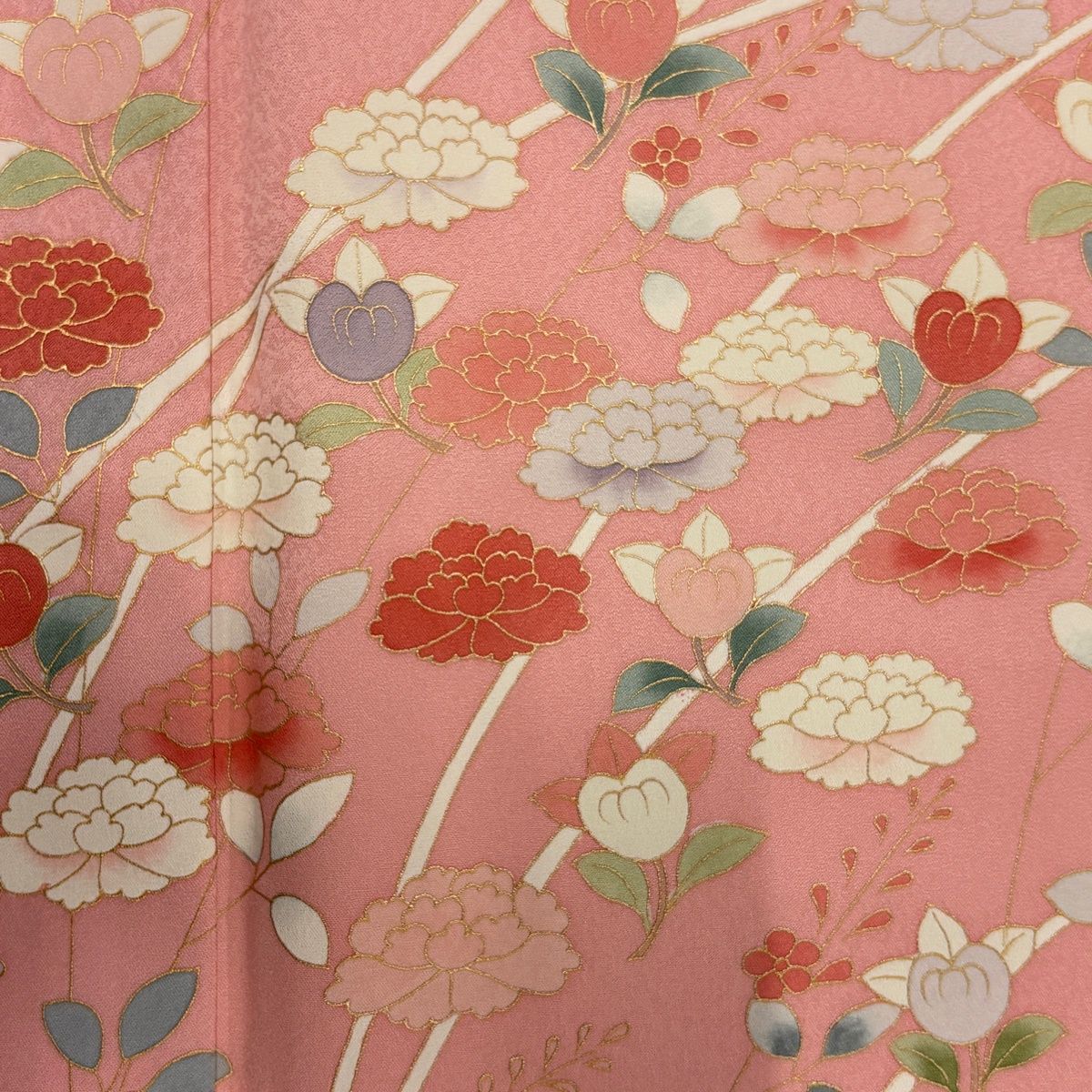【美品】 付下げ 身丈171.5cm 裄丈70cm L 袷 牡丹 橘花 金彩 ピンク 正絹 秀品 【中古】