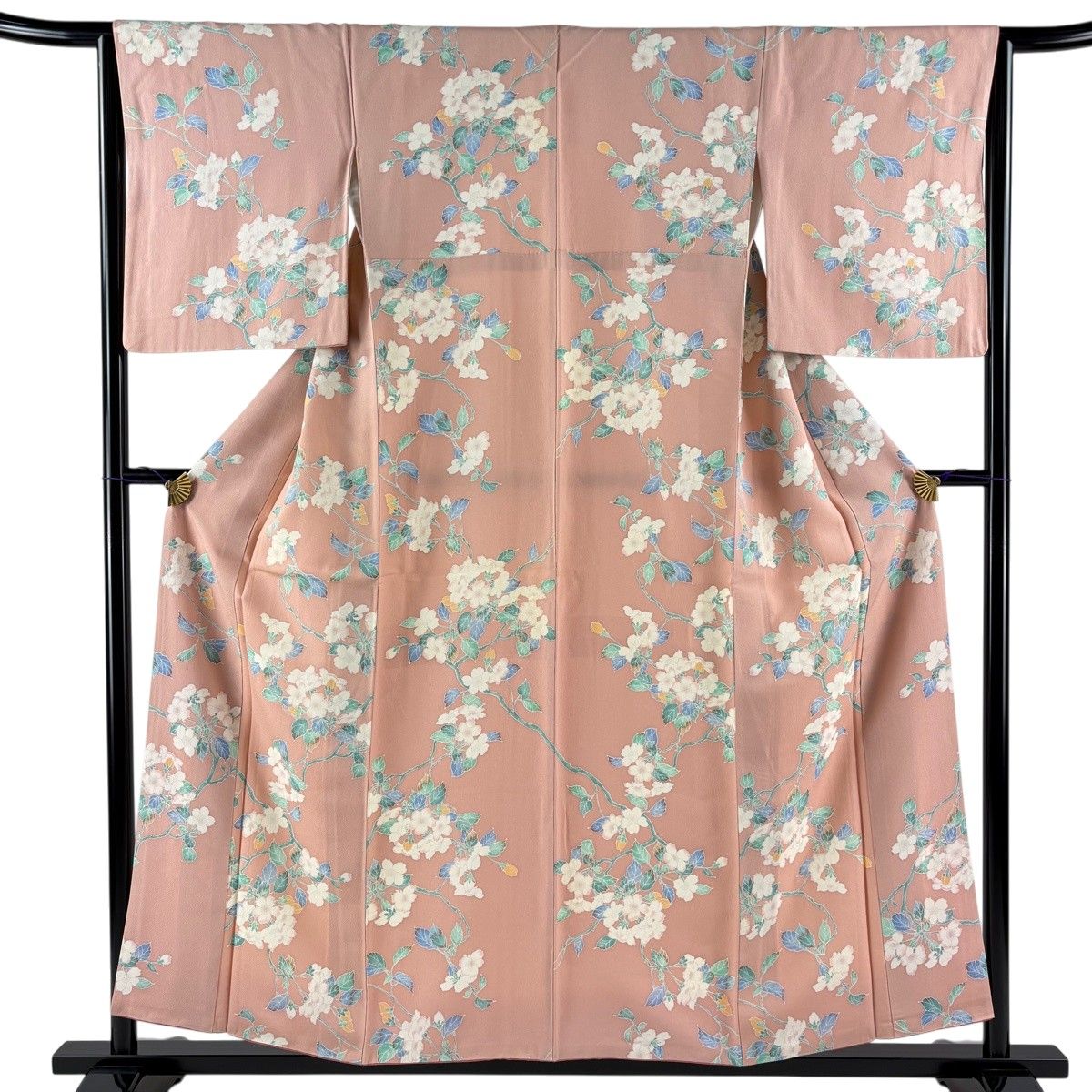 【美品】 小紋 身丈158cm 裄丈64cm M 袷 桜 ピンクベージュ 正絹 秀品 【中古】