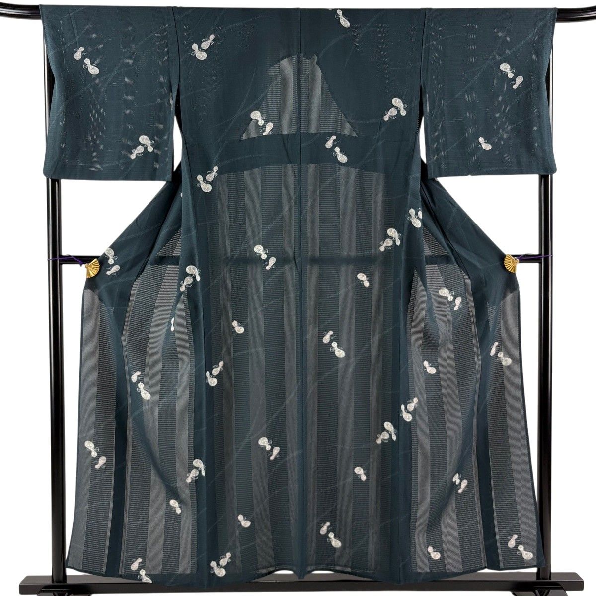小紋 身丈156cm 裄丈67cm M 薄物 絽 瓢箪 芝 深緑 正絹 秀品 【中古】